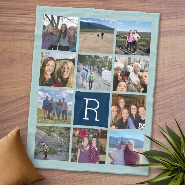 Couverture Polaire 11 Collage photo avec Monogramme peut éditer bleu (Personalized Fleece Blanket - Add Photos and Text or Customize completely in advanced design area)