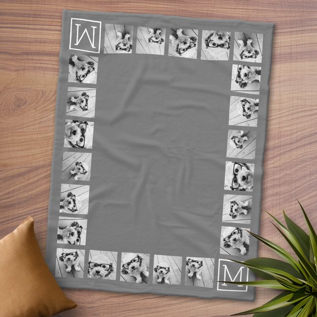 Couverture Polaire 11 Photo Collage Personnalisé Monogramme Charbon (Personalized Fleece Blanket - Add Photos and Text or Customize completely in advanced design area)