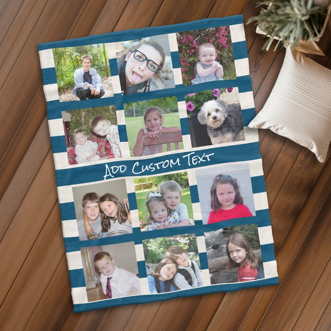 Couverture Polaire 12 Collage photo avec des bandes d'ivoire bleu Pre (Personalized fleece blanket with 12 photos and custom text - Makes a great Gift)