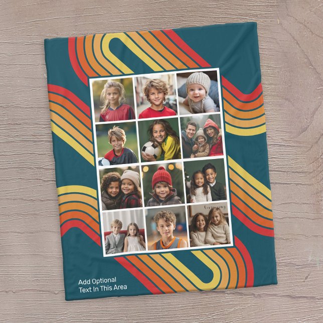 Couverture Polaire 12 Collage photo avec les années 70 rétro (12 photo personalized fleece blanket with a message and retro stripes)