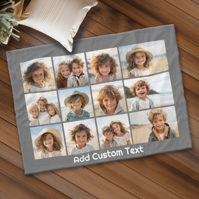 Couverture Polaire 12 Photo Collage avec Arrière - plan gris charbon (Personalized fleece blanket with 12 photos and custom text)