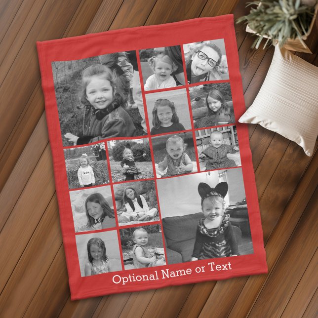 Couverture Polaire 14 Photo Collage CAN EDIT rouge COULEUR blanc text (Personalized fleece blanket with 14 photos and custom text - Makes a great Gift)