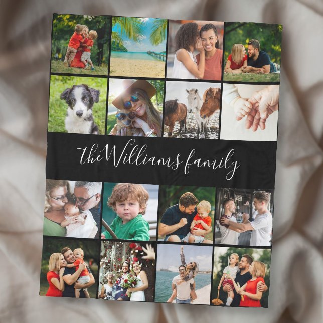 Couverture Polaire 16 Collage Photo Nom de Famille (16 Photo Collage Family Script Name Fleece Blanket)
