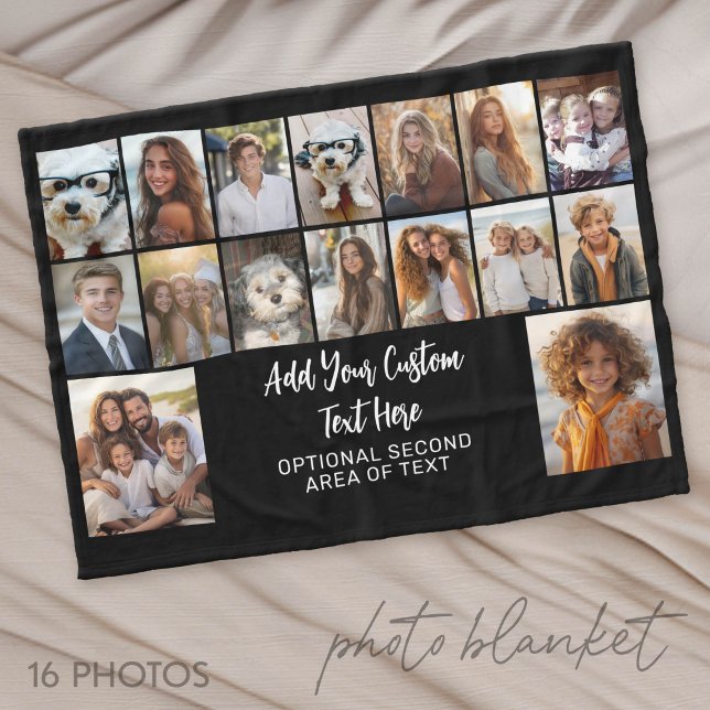 Couverture Polaire 16 Grille de photos - 2 lignes de texte - noir bla (Photo Blanket - Personalize with Your Photos)
