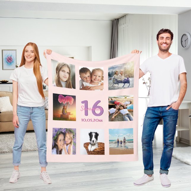 Couverture Polaire 16e anniversaire sur mesure photo collage rose or  (Créateur téléchargé)