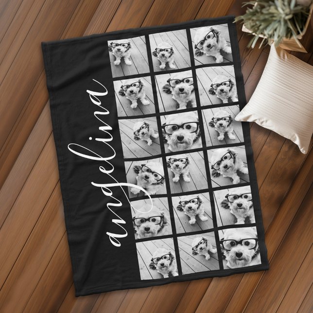 Couverture Polaire 18 Photo Collage - CAN edit black - nom du script (Personalized fleece blanket with photos and text)