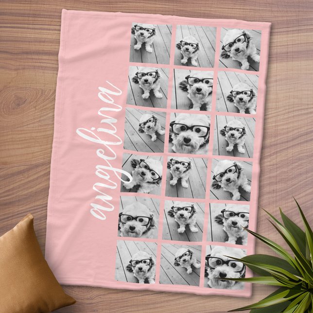 Couverture Polaire 18 Photo Collage Script Texte Pastel Peach (Personalized Fleece Blanket - Add Photos and Text or Customize completely in advanced design area)