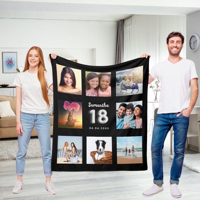 Couverture Polaire 18e anniversaire noir argent photo collage nom (Créateur téléchargé)