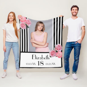 Couverture Polaire 18e anniversaire noir blanc rayures photo florale