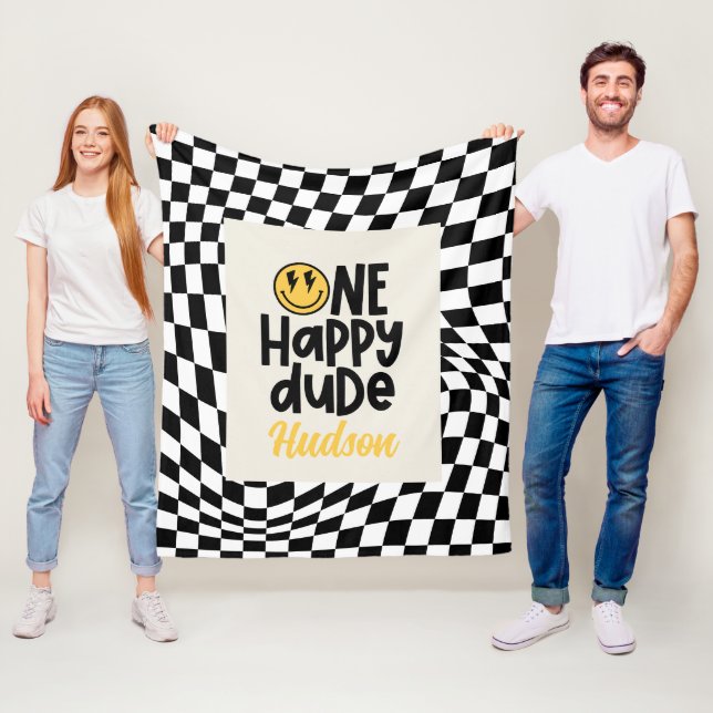 Couverture Polaire 1anniversaire sourire visage rétro noir blanc supe (En situation)