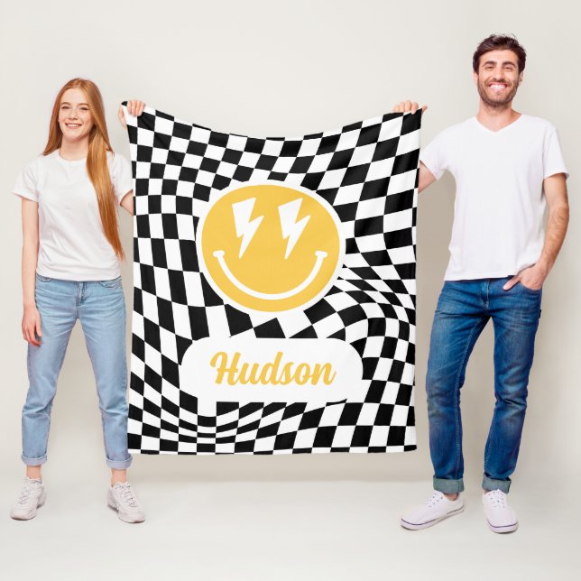 Couverture Polaire 1anniversaire sourire visage rétro noir blanc supe (En situation)