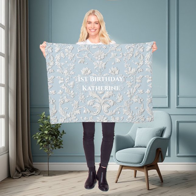 Couverture Polaire 1er Anniversaire Bleu Pastel Shabby Chic Vintage F (1st Birthday Pastel Blue Shabby Chic Vintage Flora Fleece Blanket)