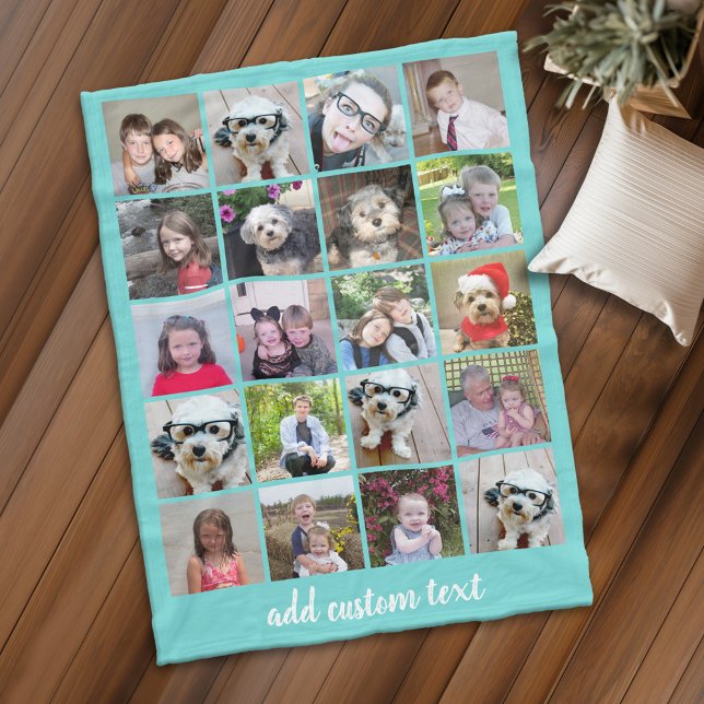 Couverture Polaire 20 Photo Collage - Grille avec texte script aqua t (Personalized fleece blanket with 20 photos and custom text - Makes a great Gift)