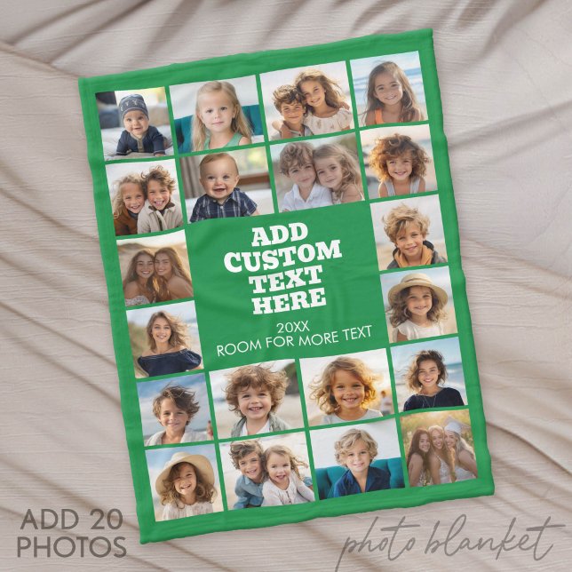 Couverture Polaire 20 photos en collage - Vert et texte au centre (Photo Blanket - Fleece)