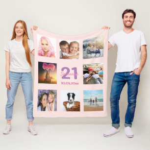 Couverture Polaire 21e anniversaire rose photo collage