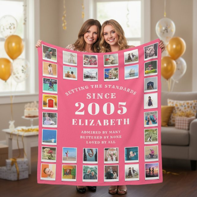 Couverture Polaire 21st Birthday Daughter Family Photo collage Pink (Born 2005 Pink photo blanket held up by 2 women.)