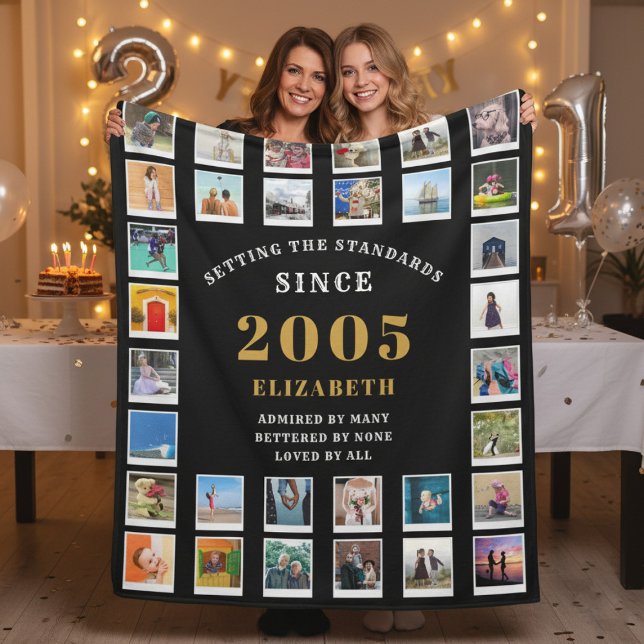 Couverture Polaire 21st Birthday Family Photo Collage 32 Photographs (Born 2005 fleece photo blanket. 21st birthday party background.)