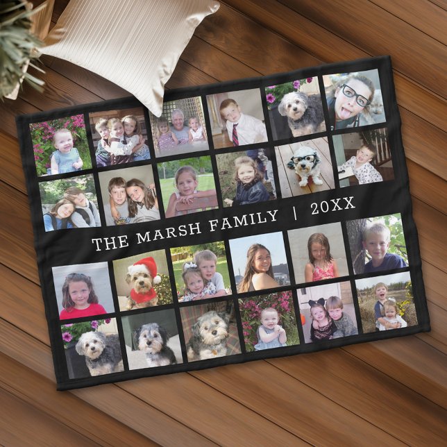 Couverture Polaire 24 Photo Collage avec nom de famille Date - noir (Personalized fleece blanket with 24 photos and custom text)