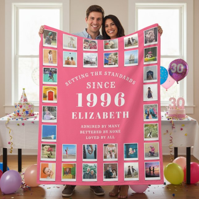 Couverture Polaire 30th Birthday Wife Family Photo collage Pink (Born 1996 Pink fleece blanket with photo collage. Held up by a couple.)