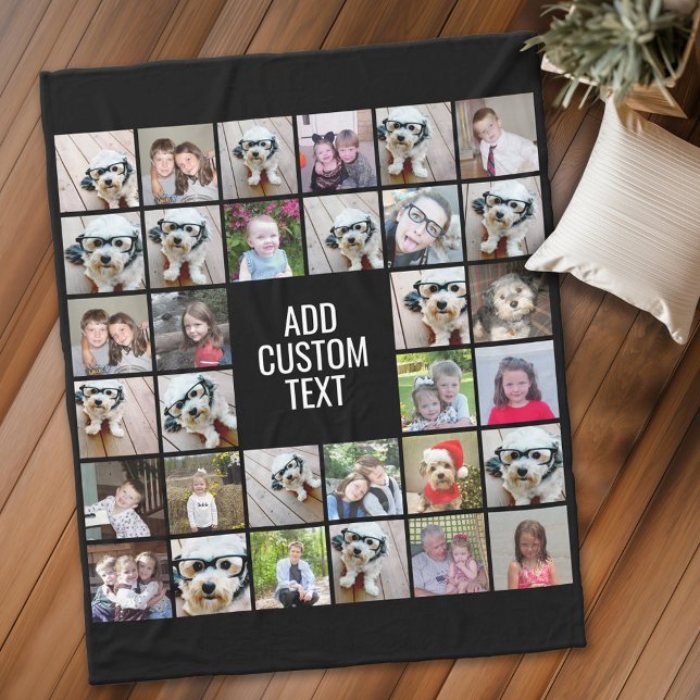 Couverture Polaire 32 Photo Collage Carré moderne Noir - Texte blanc (Personalized fleece blanket with 32 photos and text)