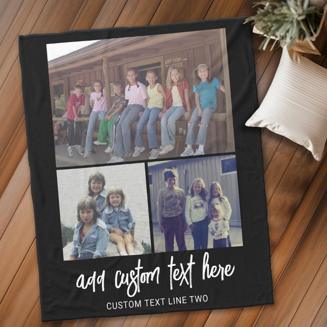 Couverture Polaire 3 Collage photo avec texte de script - noir blanc (Personalized fleece blanket with 6 photos and text)
