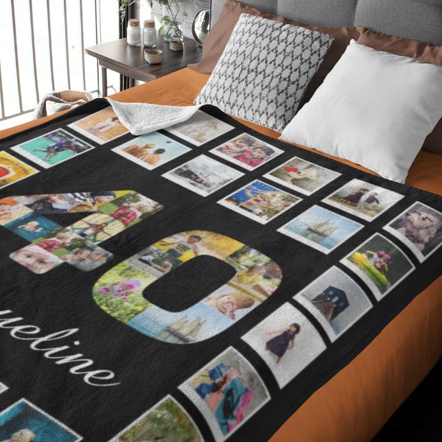 Couverture Polaire 40e anniversaire Famille Photo Collage Grand (Large 40th birthday fleece blanket personalized with name and favorite photos.)
