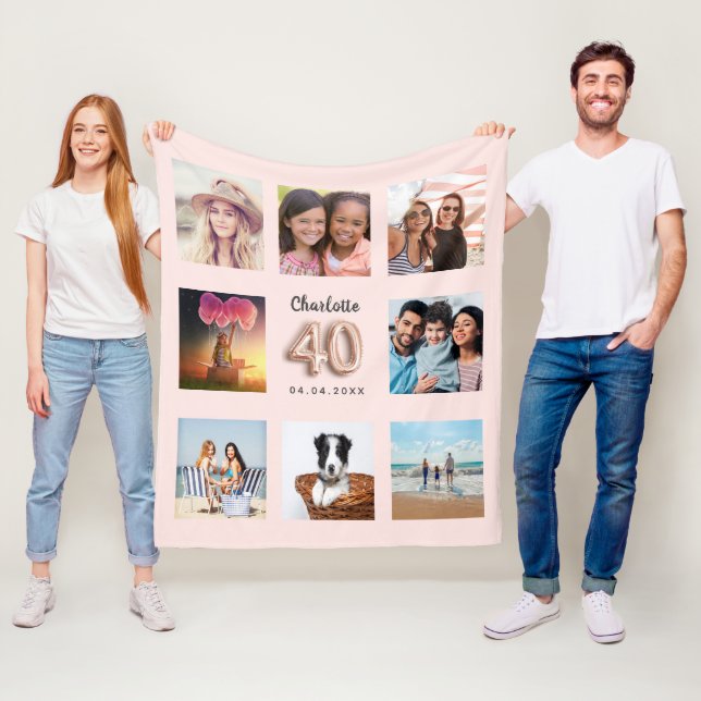 Couverture Polaire 40e anniversaire rose or blush photo collage nom (En situation)