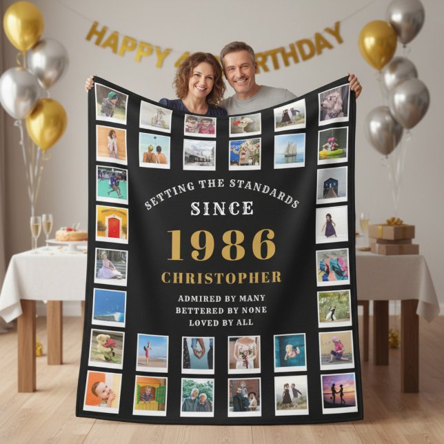 Couverture Polaire 40th Birthday Family Memories Photo Collage  (1986 black photo template fleece blanket held up by a couple. )