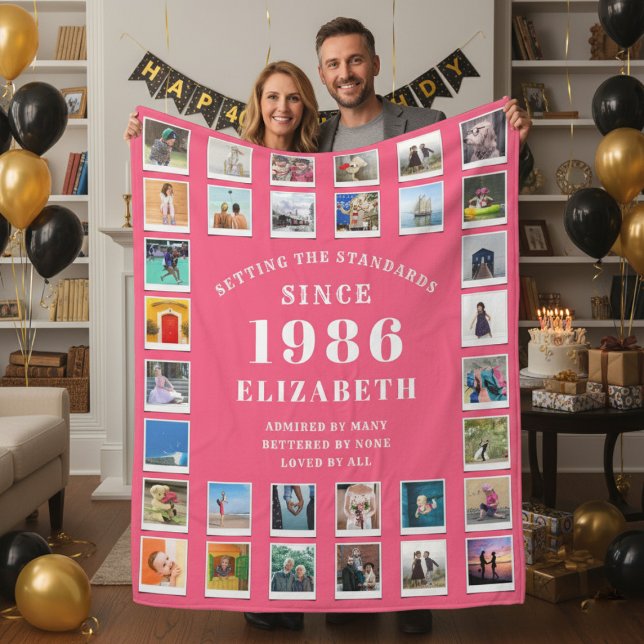 Couverture Polaire 40th Birthday Mother Family Photo collage Pink (Born 1986 pink photo blanket held by a couple.)