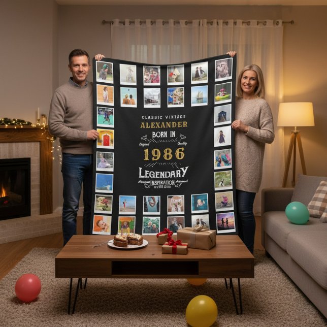 Couverture Polaire 40th Birthday Photo Collage Son Or Husband (40th birthday fleece blanket held up by a couple in a room.)