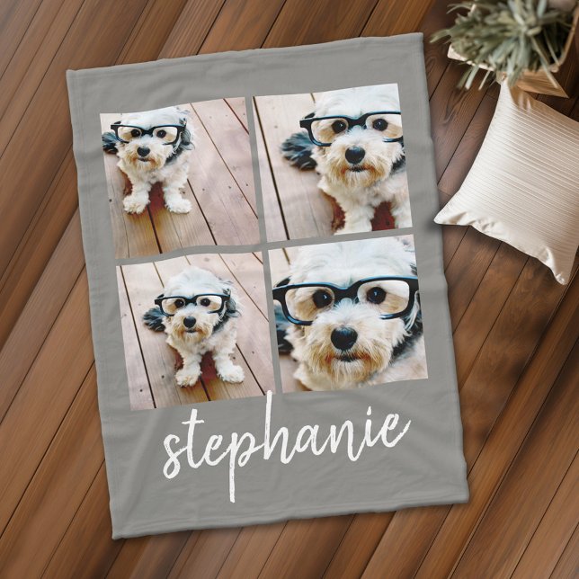 Couverture Polaire 4 Photo Collage gris avec nom de script moderne (Personalized fleece blanket with 4 photos and custom text)