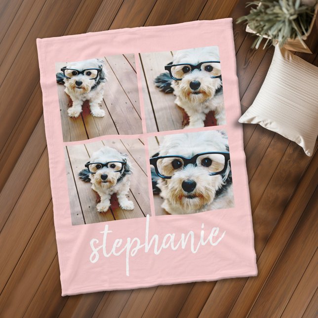 Couverture Polaire 4 Photo Collage Nom du script - peut modifier rose (Personalized fleece blanket with 4 photos and custom text)