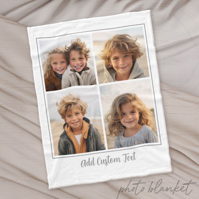 Couverture Polaire 4 Photo Collage Texte de Script Tendance - Gris Bl (Custom Photo Blanket)