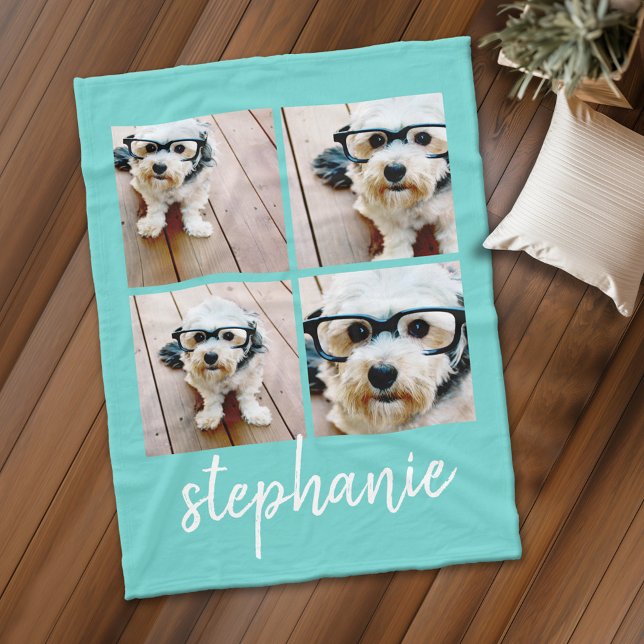 Couverture Polaire 4 Photo Collage - vous pouvez modifier la couleur  (Personalized fleece blanket with 4 photos and custom text)