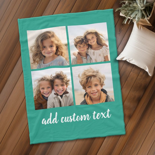Couverture Polaire 4 photos en collage - vous pouvez changer la coule (Personalized fleece blanket with 4 photos and custom text)