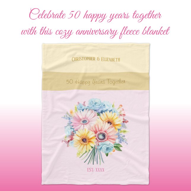 Couverture Polaire 50 ans or anniversaire fleurs rose (Créateur téléchargé)