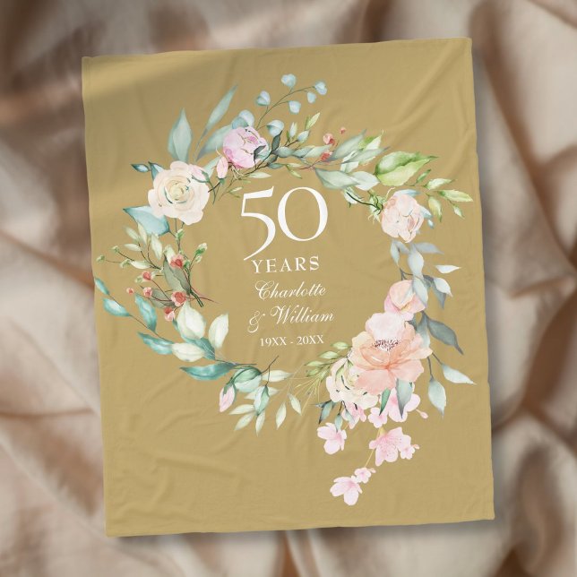 Couverture Polaire 50e Anniversaire de Mariage Floral Or (50th Golden Wedding Anniversary Floral Gold Fleece Blanket)