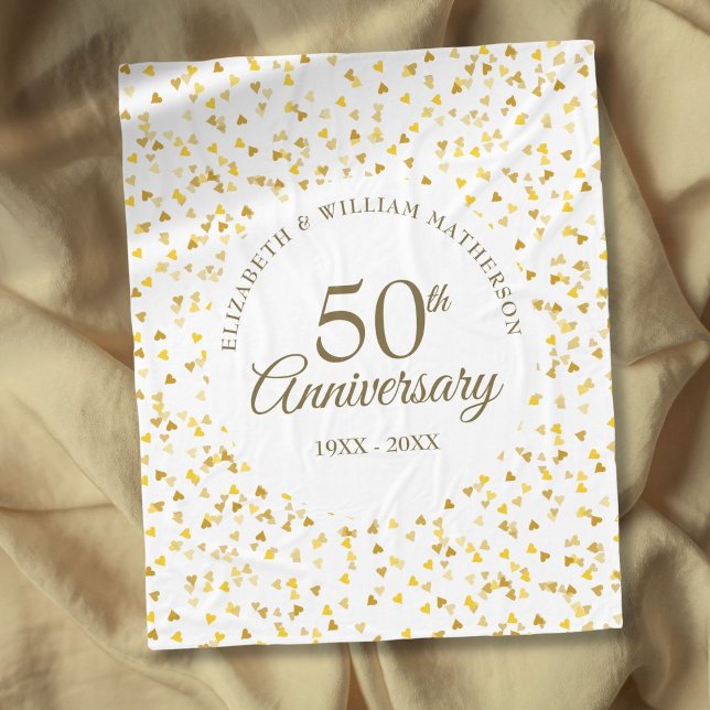 Couverture Polaire 50e anniversaire de Mariage Gold Love Hearts Confe (50th Wedding Anniversary Gold Love Hearts Confetti Fleece Blanket)