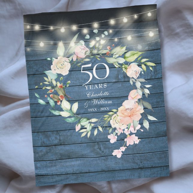 Couverture Polaire 50e Anniversaire de Mariage Rustique Bleu Bois Flo (50th Wedding Anniversary Rustic Blue Wood Floral Fleece Blanket)
