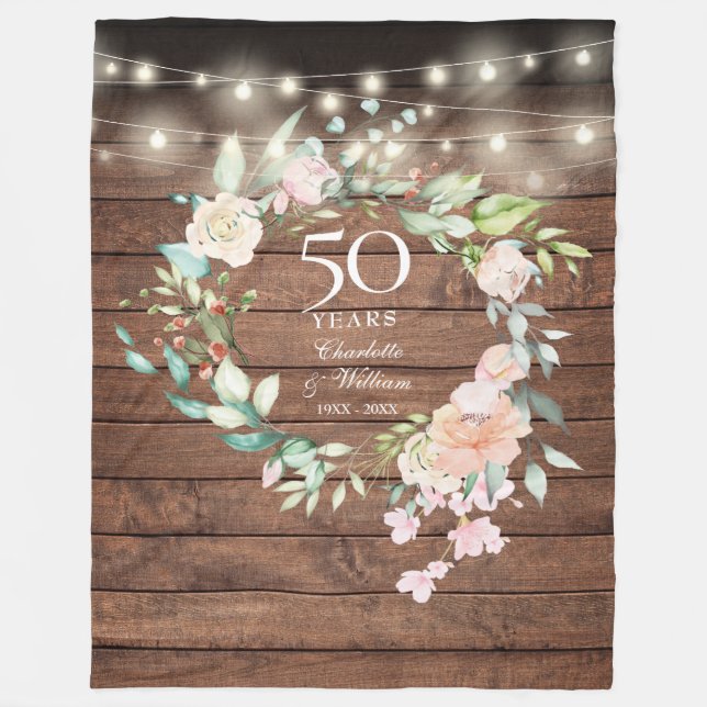 Couverture Polaire 50e Anniversaire de Mariage Rustique Bois Floral (Devant)