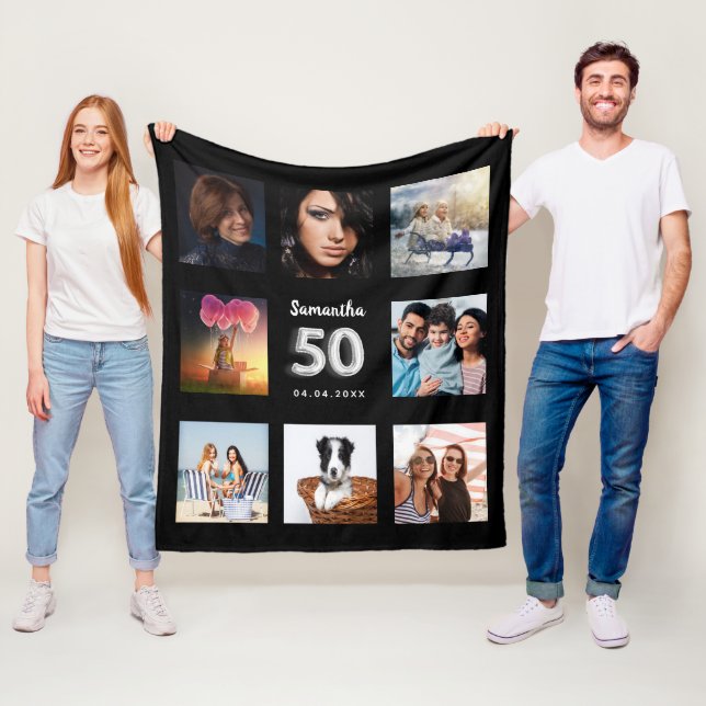 Couverture Polaire 50e anniversaire noir argent photo collage nom (En situation)