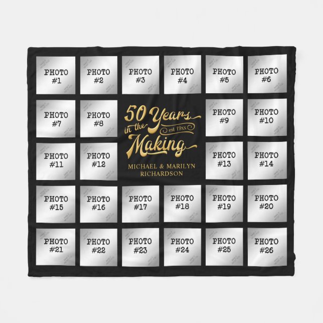 Couverture Polaire 50e Anniversaire Photo Collage Black Gold Nom (Devant (Horizontal))
