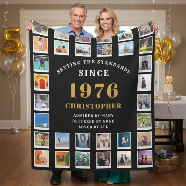 Couverture Polaire 50th Birthday Family Memories Photo Collage  (born 1976 black fleece blanket held by a couple.)