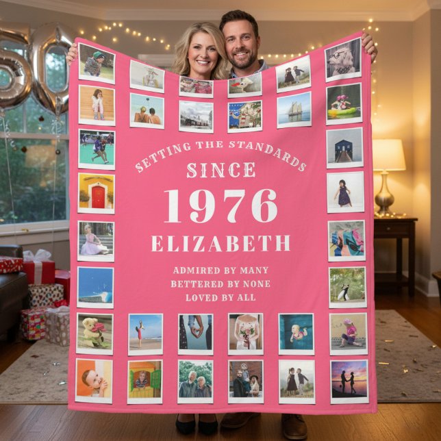 Couverture Polaire 50th Birthday Mother Family Photo collage Pink (Born 1976 pink fleece blanket held up by a couple.)