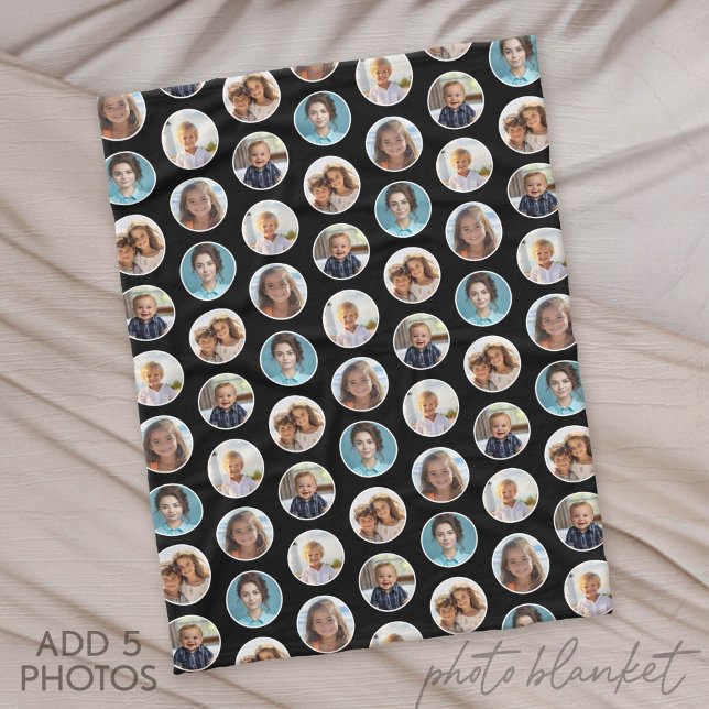 Couverture Polaire 5 Photo Collage à Bordure Circulaire - Noir Blanc (Custom Photo Blanket)