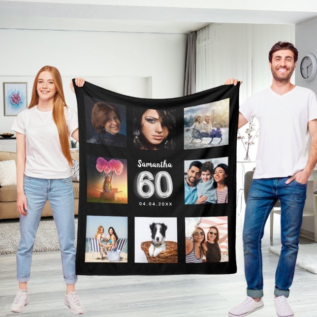 Couverture Polaire 60e anniversaire noir argent photo collage nom (Créateur téléchargé)