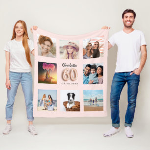 Couverture Polaire 60e anniversaire rose or blush photo collage nom