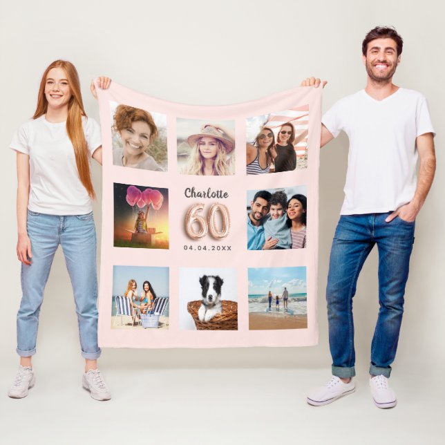Couverture Polaire 60e anniversaire rose or blush photo collage nom (En situation)