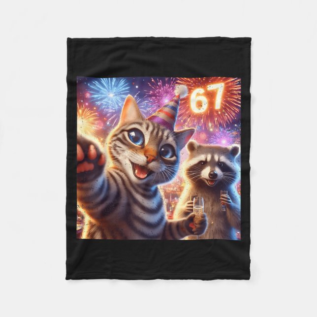 Couverture Polaire 67 Meme Cat Raccoon New Year Selfie Funny Birthday (Devant)