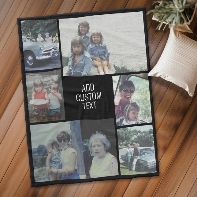 Couverture Polaire 6 photo collage - arrière - plan noir - texte blan (Personalized fleece blanket with 6 photos and text)
